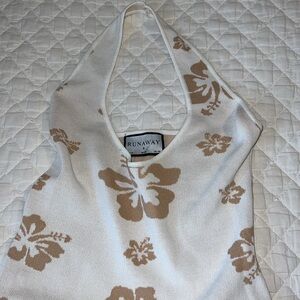 RUNAWAY Cream and Brown Floral Knit Dress